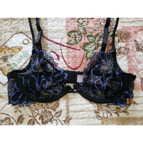 SAVAGE X FENTY Women's‎ Lace Bra Blue and black unlined Size 32B - Picture 4 of 11